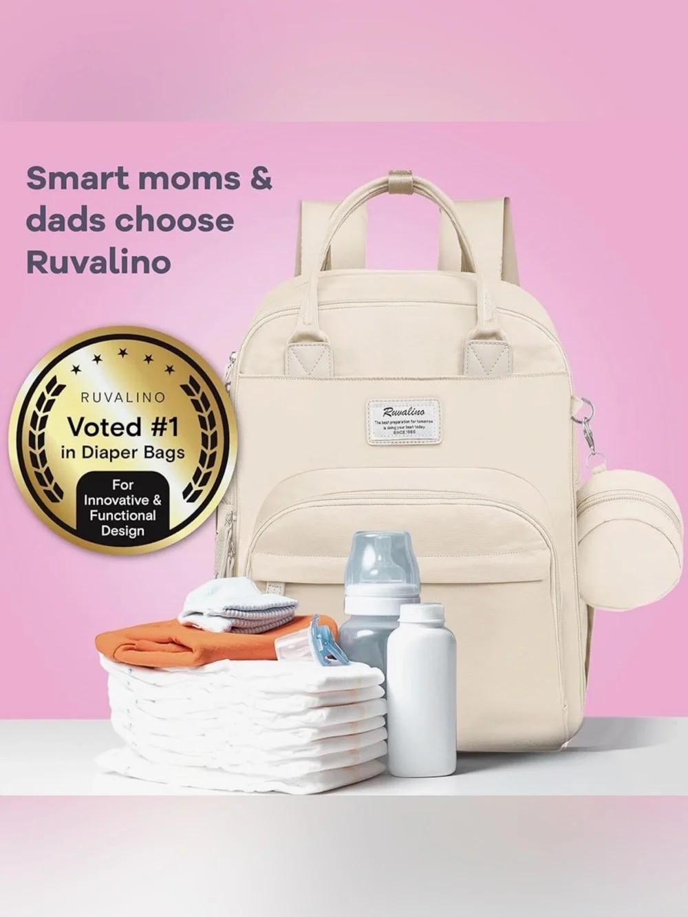 NWT - Ruvalino Diaper Bag - Convertible Baby Backpack - Beige - Picture 7 of 8
